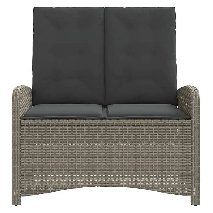 Furnicato Gartenbank - B x T x H: 59 x 86 x 93 cm, Grau - Graues Rattan-Zweisitzer-Gartensofa mit dunkelgrauen Kissen für den Außenbereich.