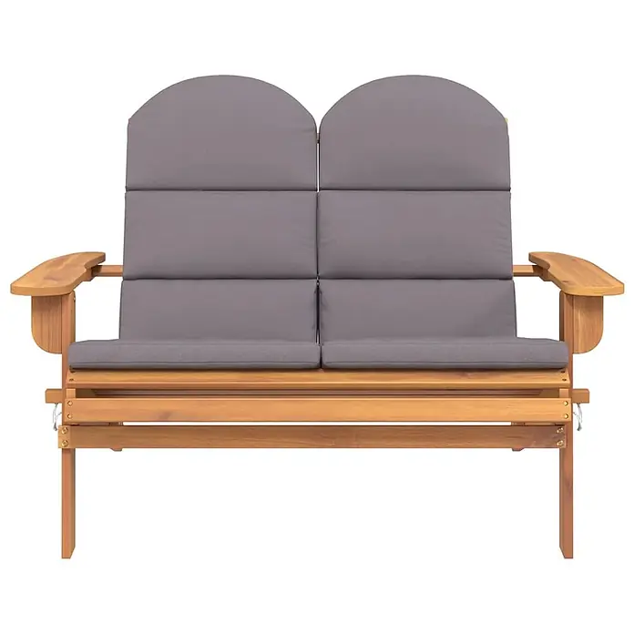 Furnicato Gartenbank Akazien-Massivholz geölt - B x T x H: 126 x 84 x 90 cm, Dunkelgrau - Braune Holz-2-Sitzer Gartenbank mit grauen Polstern für Sitz und Rücken.