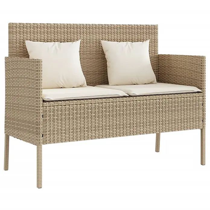 Furnicato Gartenbank PE-Rattan - B x T x H: 113 x 61 x 87 cm, Beige und Creme - Beigefarbene Polyrattan-Gartenbank für zwei Personen mit cremefarbenen Sitz- und Rückenkissen.
