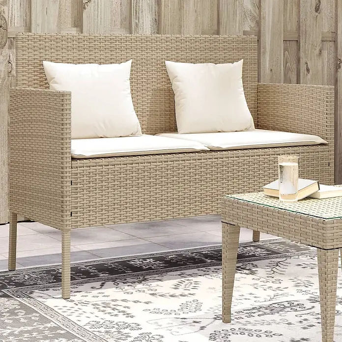 Furnicato Gartenbank PE-Rattan - B x T x H: 113 x 61 x 87 cm, Beige und Creme - Beige Rattan-Gartensitzbank mit cremefarbenen Kissen und passendem Beistelltisch.