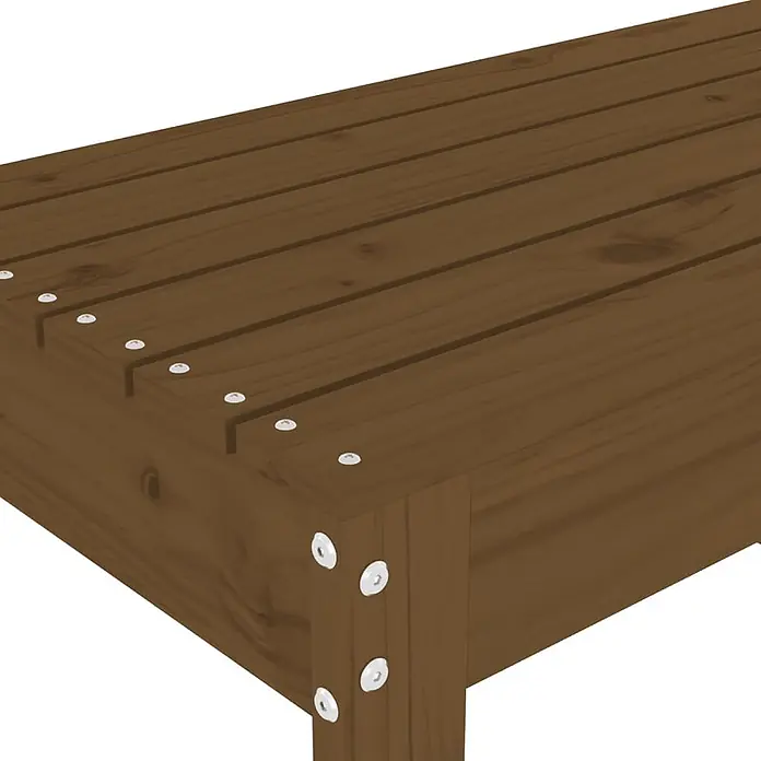 Furnicato Gartenbank Kiefernholz Honigbraun - B x T x H: 110 x 38 x 45 cm, Honigbraune Kiefer - Dunkelbraunes Holzlattenbank-Teil, mit sichtbaren silbernen Bolzen befestigt.