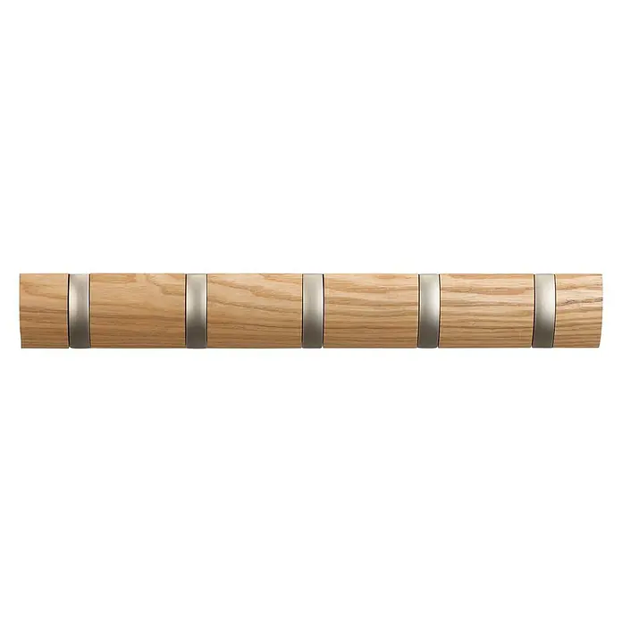 Umbra Garderobenleiste Flip - L x B x H: 51 x 2,5 x 7,6 cm, Anzahl Haken: 5 Stk., Natur - Holzgarderobe mit schwenkbaren Haken für Jacken, Mäntel und Accessoires. Praktisch und stilvoll für Flur oder Schlafzimmer.