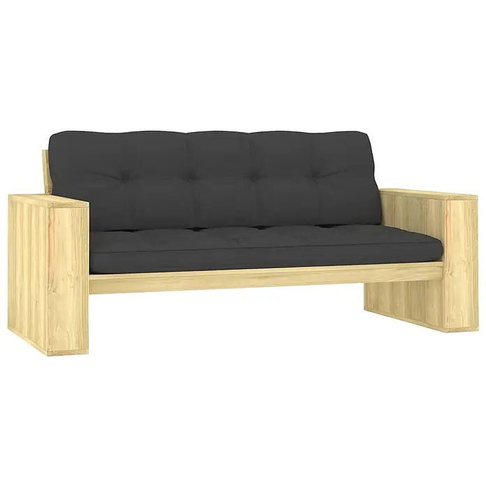 Furnicato Gartenbank - Anthrazit - Zweisitzer-Sofa mit hellem Kiefernholzrahmen und dunkelgrauen, getufteten Kissen.