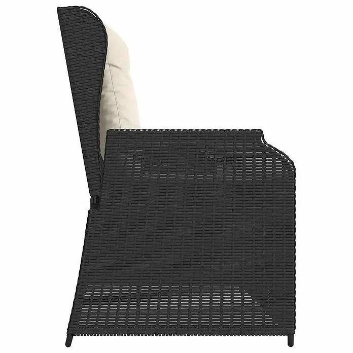 Furnicato Gartenbank - B x T x H: 67 x 110 x 95 cm, Schwarz - Seitenansicht eines schwarzen geflochtenen Outdoor-Sessels mit beigem Kissen.