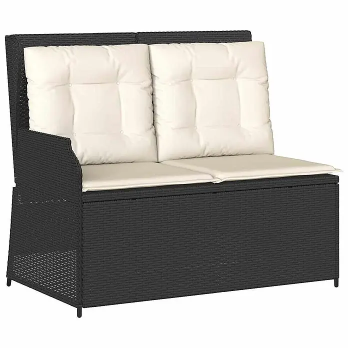 Furnicato Gartenbank - B x T x H: 67 x 110 x 95 cm, Schwarz - Schwarzes 2-Sitzer Polyrattan Outdoor-Sofa mit cremefarbenen Kissen und Stauraum.