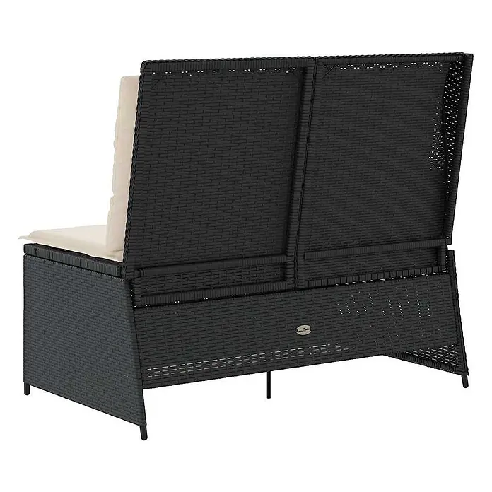 Furnicato Gartenbank - B x T x H: 67 x 110 x 95 cm, Schwarz - Dunkles Polyrattan-Gartensofa mit beigen Kissen, von hinten gesehen.