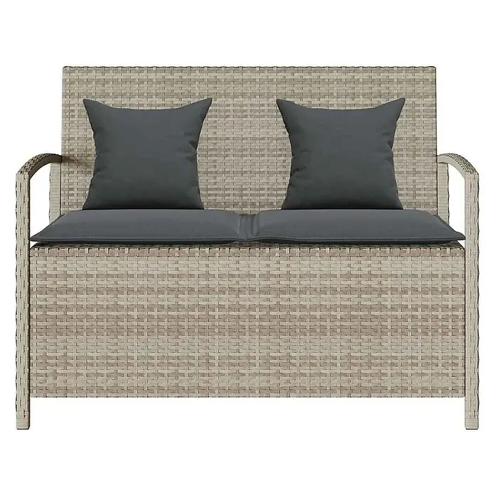 Furnicato Gartenbank PE-Rattan - B x T x H: 111 x 56 x 87 cm, Hellgrau und Dunkelgrau - Hellgraue Rattan-Gartenbank mit dunkelgrauen Sitz- und Rückenkissen.