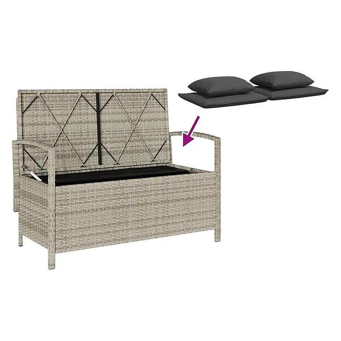Furnicato Gartenbank - B x T x H: 111 x 56 x 87 cm, Hellgrau und Dunkelgrau - Hellgraue Polyrattan-Sitzbank mit offenem Deckel, schwarzem Bezug und vier dunkelgrauen Kissen.