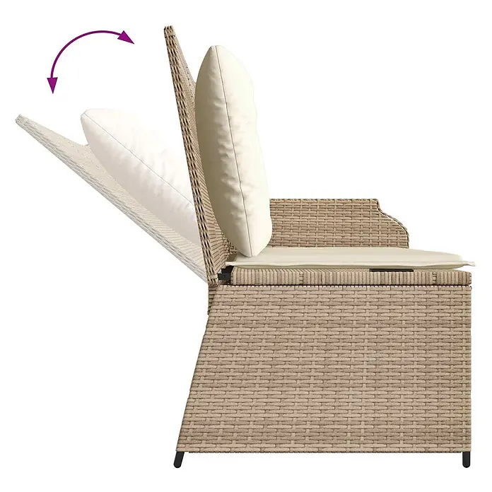 Furnicato Gartenbank Poly-Rattan Cremeweiß - B x T x H: 67 x 110 x 95 cm, Beige und Cremeweiß - Beiger Korbsessel mit cremefarbenen Kissen und verstellbarer Rückenlehne in geneigter und aufrechter Position.