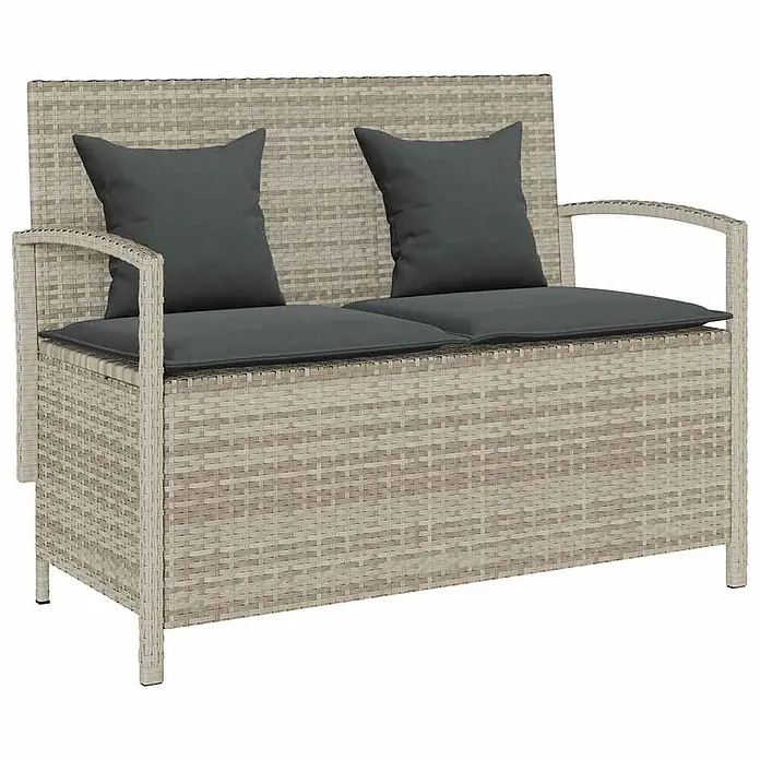 Furnicato Gartenbank PE-Rattan - B x T x H: 111 x 56 x 87 cm, Hellgrau und Dunkelgrau - Hellgraue Gartenbank aus Polyrattan mit dunkelgrauen Kissen und integriertem Stauraum.