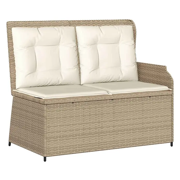 Furnicato Gartenbank Poly-Rattan Cremeweiß - B x T x H: 67 x 110 x 95 cm, Beige und Cremeweiß - Beige Rattan Zweisitzer Gartenbank mit Stauraum und cremefarbenen Kissen.