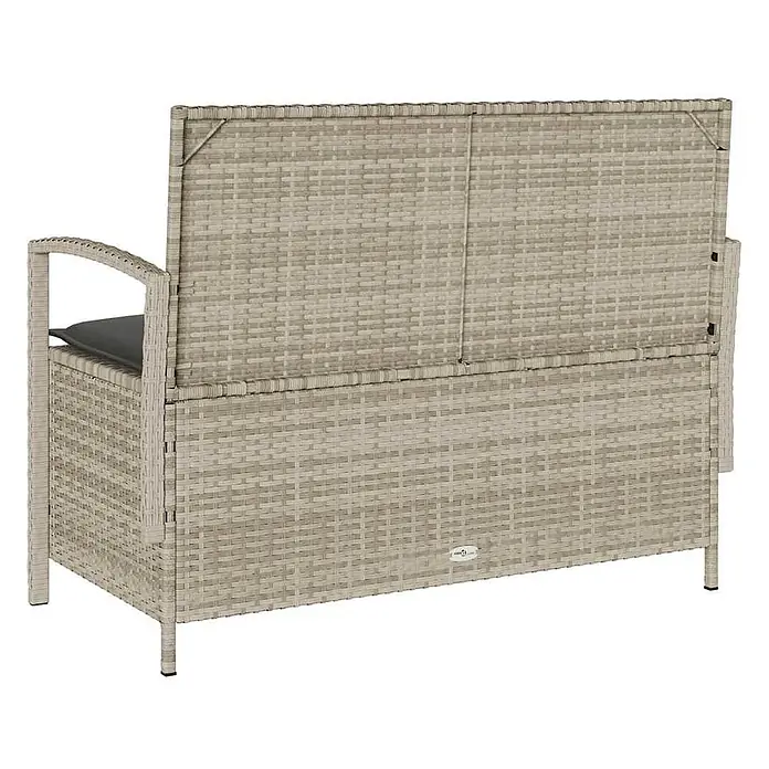 Furnicato Gartenbank PE-Rattan - B x T x H: 111 x 56 x 87 cm, Hellgrau und Dunkelgrau - Hellgraue Polyrattan Gartenbank mit Rückenlehne und Stauraum, dunkles Kissen sichtbar.