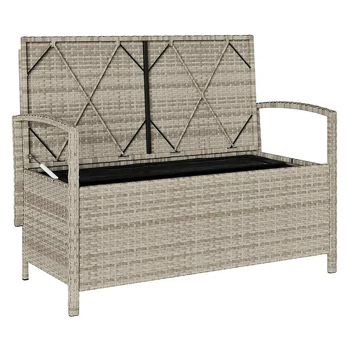 Furnicato Gartenbank PE-Rattan - B x T x H: 111 x 56 x 87 cm, Hellgrau und Dunkelgrau - Helle beige Rattan-Optik Outdoor-Aufbewahrungsbank mit offenem Deckel, zeigt ein schwarzes Staufach.