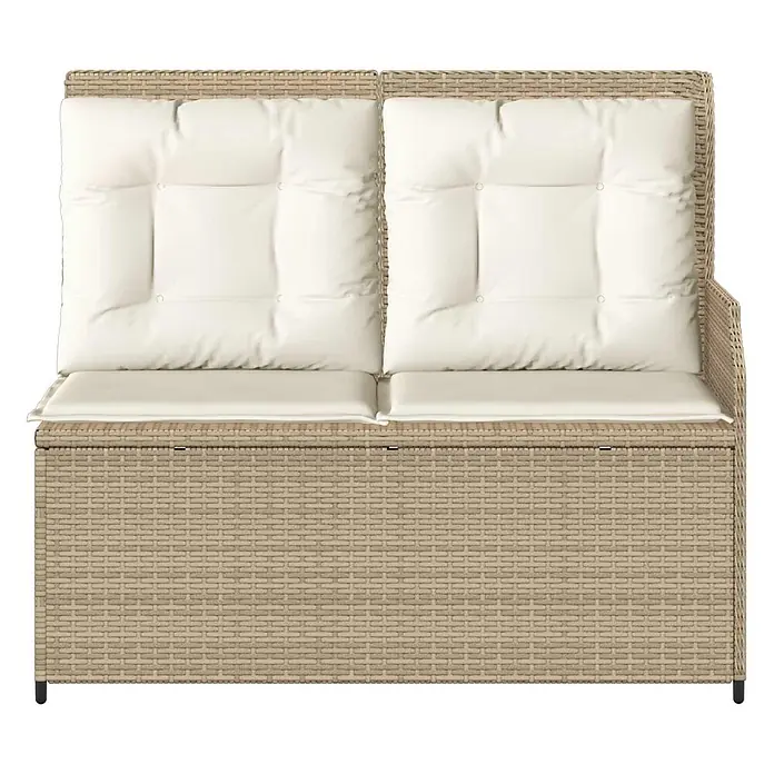 Furnicato Gartenbank Poly-Rattan Cremeweiß - B x T x H: 67 x 110 x 95 cm, Beige und Cremeweiß - Beige Polyrattan 2-Sitzer Gartenbank mit Stauraum und cremefarbenen Kissen.