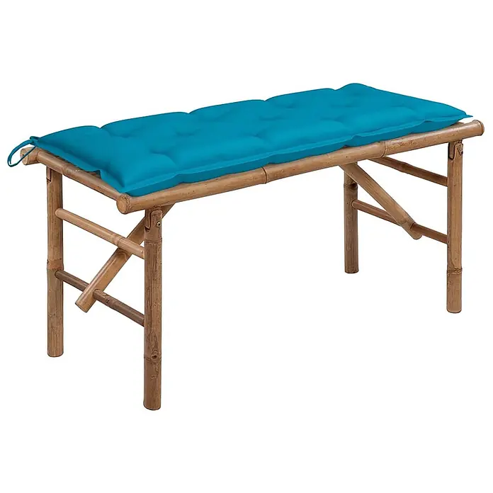 Furnicato Gartenbank Bambus - B x T x H: 38 x 118 x 45 cm, Blau - Bambusbank mit türkisfarbenem Kissen.