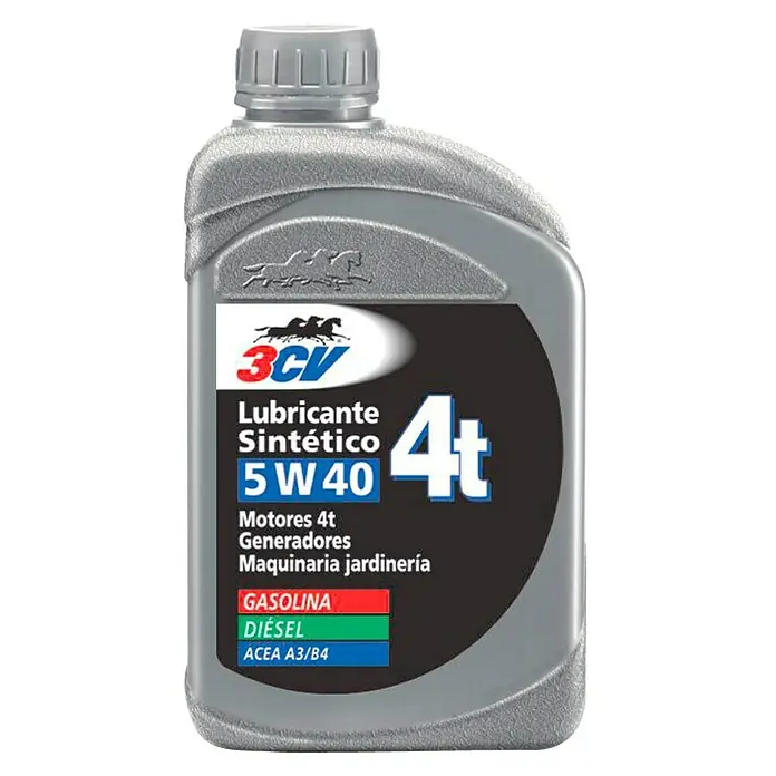 Aceite para motor - 5W-40, Clasificación ACEA: A3/B3/E3 - Imagen de una botella de aceite sintético 3CV 5W40 4T, adecuado para motores de gasolina y diésel en equipos de jardinería y generadores.