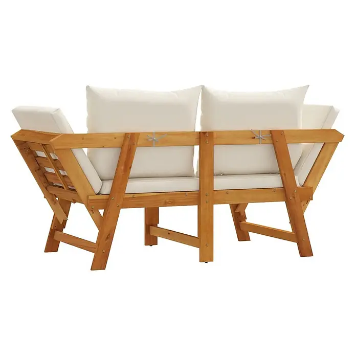 Furnicato Gartenbank Akazien-Massivholz geölt - B x T x H: 205 x 74 x 66 cm, Cremeweiß - Zweisitziges Gartensofa aus Holz mit naturfarbenem Rahmen und weißen Kissen.