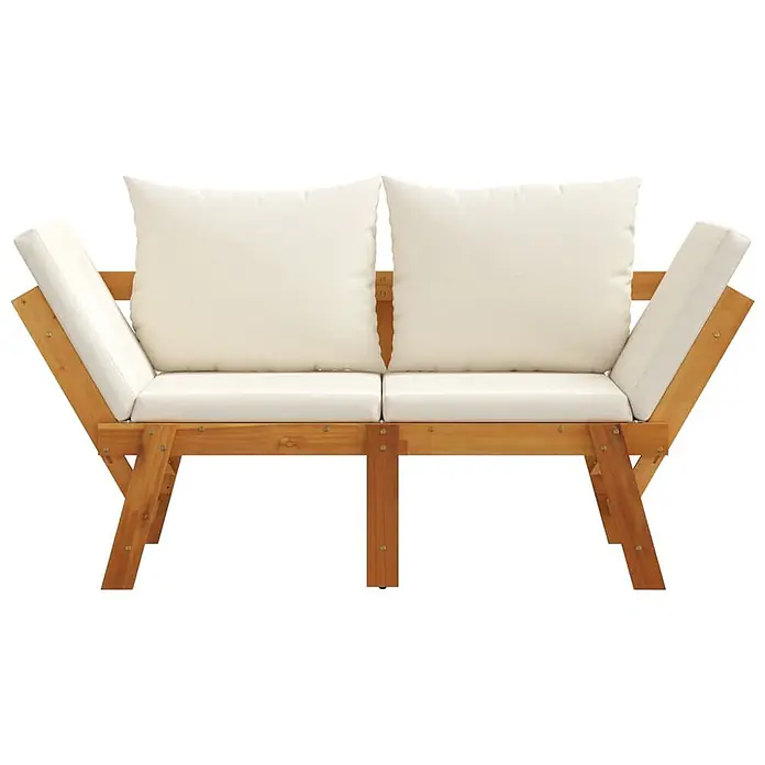 Furnicato Gartenbank Akazien-Massivholz geölt - B x T x H: 205 x 74 x 66 cm, Cremeweiß - Zweisitzer-Gartensofa aus Holz mit cremefarbenen Sitz- und Rückenkissen und schrägen Armlehnen.