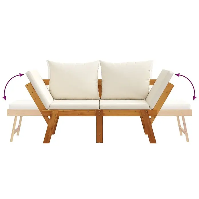 Furnicato Gartenbank Akazien-Massivholz geölt - B x T x H: 205 x 74 x 66 cm, Cremeweiß - Gartenbank aus Holz für 2 Personen mit cremefarbenen Polstern und verstellbaren Seitenteilen zum Liegen.