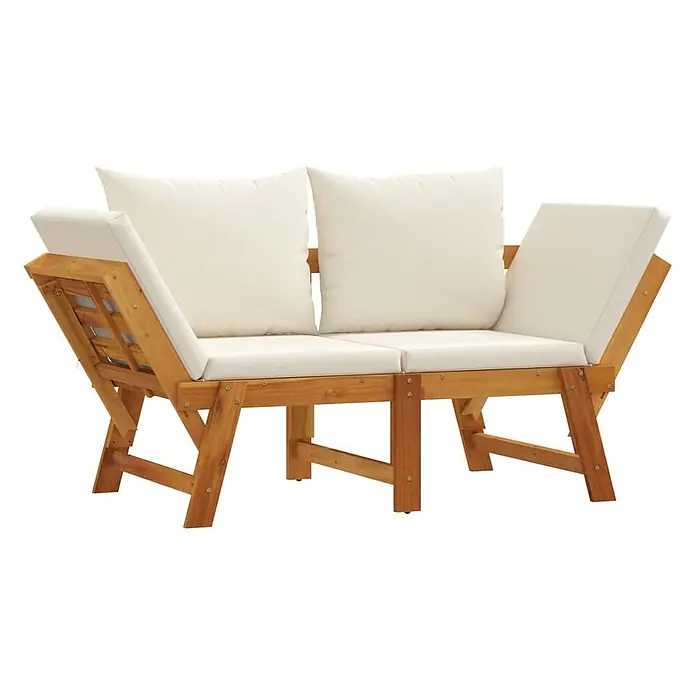 Furnicato Gartenbank Akazien-Massivholz geölt - B x T x H: 205 x 74 x 66 cm, Cremeweiß - Hölzerne Zweisitzer-Gartenbank mit cremefarbenen Kissen.