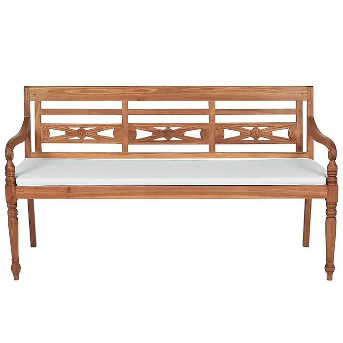 Furnicato Gartenbank Teakholz geölt - B x T x H: 150 x 51,5 x 84 cm, Braun - Zierteakholzbank mit geschnitzter Rückenlehne und Armlehnen, mit weißem Sitzkissen.