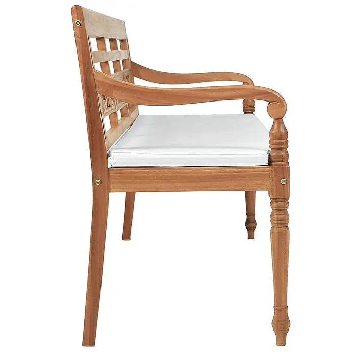 Furnicato Gartenbank Teakholz geölt - B x T x H: 150 x 51,5 x 84 cm, Braun - Teakholzbank mit weißem Sitzkissen, geschwungenen Armlehnen und gedrechselten Vorderbeinen.