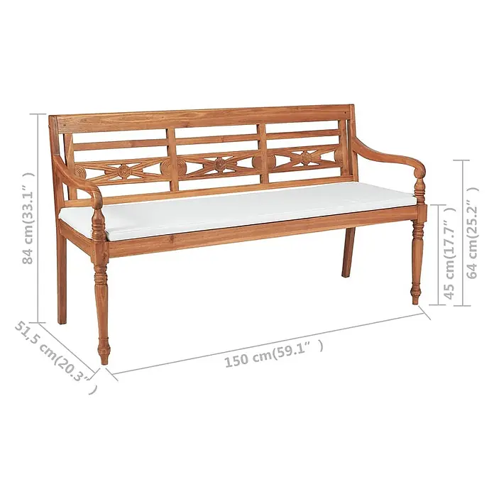 Furnicato Gartenbank Teakholz geölt - B x T x H: 150 x 51,5 x 84 cm, Braun - Braune Holzgartenbank mit weißem Kissen und geschnitzten Details, inklusive Maßen.