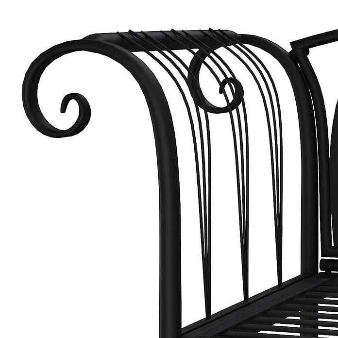 Furnicato Gartenbank Stahl - B x T x H: 128 x 44,5 x 88 cm, Schwarz - Detailaufnahme einer schwarzen Metall-Armlehne und Rückenlehne mit dekorativen Schnörkeln und vertikalen Streben.