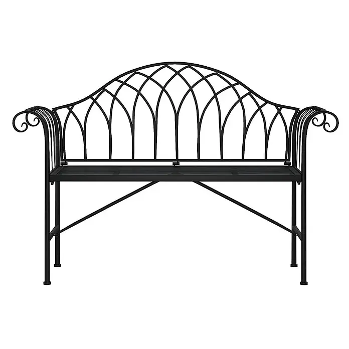 Furnicato Gartenbank Stahl - B x T x H: 128 x 44,5 x 88 cm, Schwarz - Schwarze Metall-Gartenbank mit gewölbter, dekorativer Rückenlehne und geschwungenen Armlehnen.