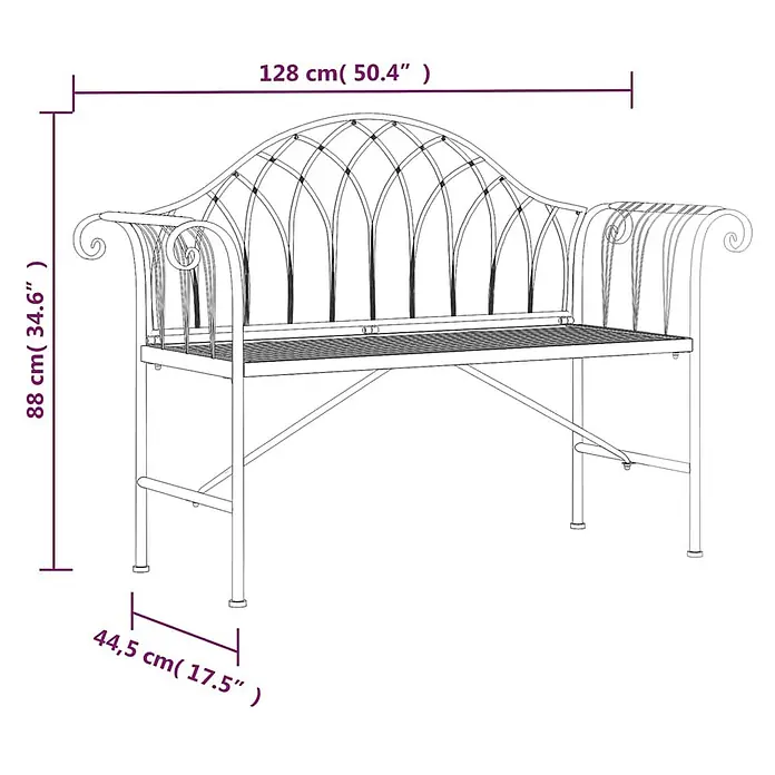 Furnicato Gartenbank Stahl - B x T x H: 128 x 44,5 x 88 cm, Schwarz - Eine Umrisszeichnung einer dekorativen Gartenbank aus Metall mit geschwungener Rückenlehne und Armlehnen, Maße angezeigt.