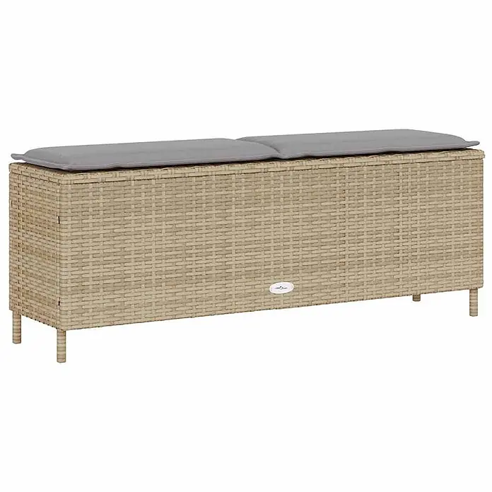 Furnicato Gartenbank - B x T x H: 110 x 30 x 40,5 cm, Beige und Hellgrau - Beige Rattan-Sitzbank mit Stauraum und zwei grauen Kissen.