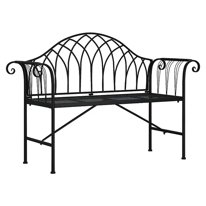 Furnicato Gartenbank Stahl - B x T x H: 128 x 44,5 x 88 cm, Schwarz - Schwarze Metallgartenbank mit gewölbter Rückenlehne und geschwungenen Armlehnen.