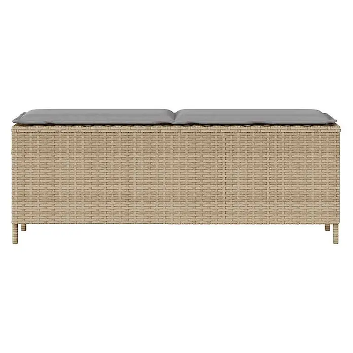 Furnicato Gartenbank - B x T x H: 110 x 30 x 40,5 cm, Beige und Hellgrau - Hellbraune Rattan-Aufbewahrungsbank mit grauem Kissen.