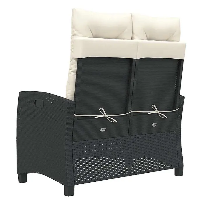 Furnicato Gartenbank - B x T x H: 66 x 90 x 93 cm, Schwarz und Creme - Rückenlehne einer dunkelgrauen Gartenbank in Rattanoptik mit zwei cremefarbenen Kissen, die angebunden sind.