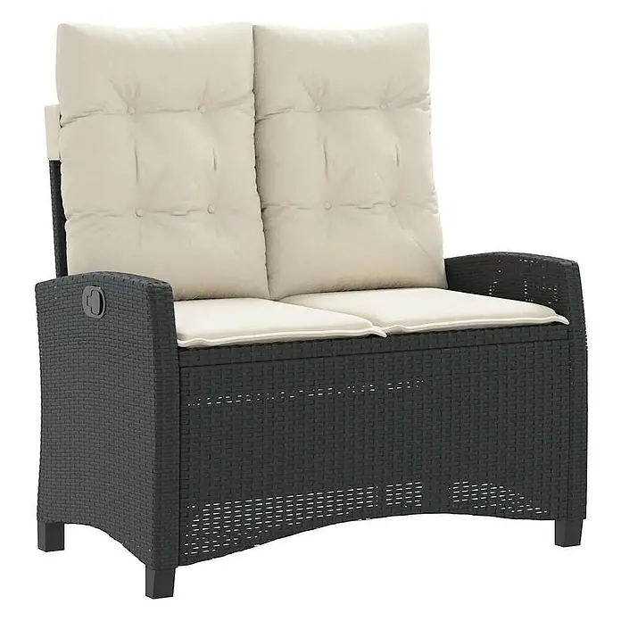 Furnicato Gartenbank - B x T x H: 66 x 90 x 93 cm, Schwarz und Creme - Dunkelgraue Rattan-Sitzbank für 2 Personen mit beigen Kissen und integriertem Stauraum.