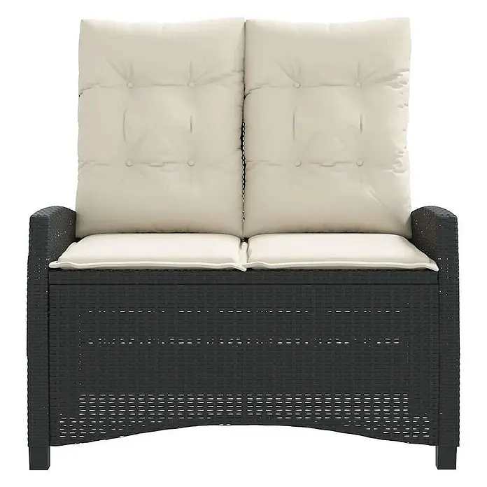 Furnicato Gartenbank - B x T x H: 66 x 90 x 93 cm, Schwarz und Creme - Schwarze Rattan-2-Sitzer-Aufbewahrungsbank mit hoher Rückenlehne und cremefarbenen Kissen.