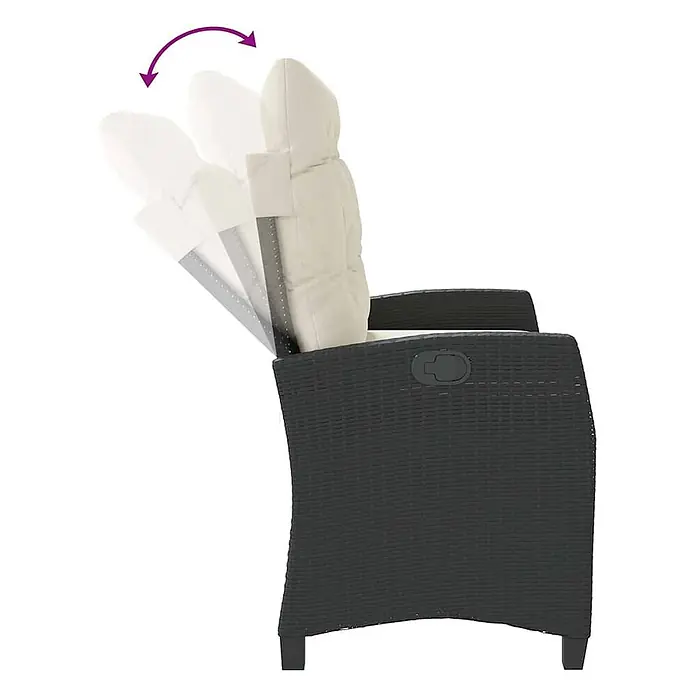 Furnicato Gartenbank - B x T x H: 66 x 90 x 93 cm, Schwarz und Creme - Dunkelgrauer Gartensessel in Rattan-Optik mit beigefarbenen Kissen, der die verstellbare Rückenlehne in verschiedenen Positionen zeigt.