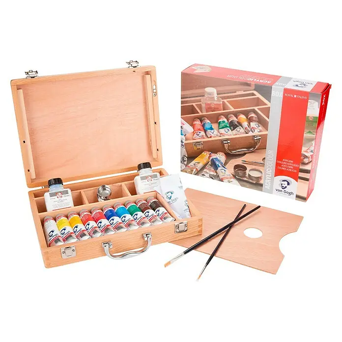 Talens Van Gogh Set de pinturas acrílicas Basic - Multicolor, 10 ud. x 40 ml, Tubo - Caja de pintura de madera Van Gogh con pinturas acrílicas, pinceles y paleta. Ideal para artistas y aficionados.