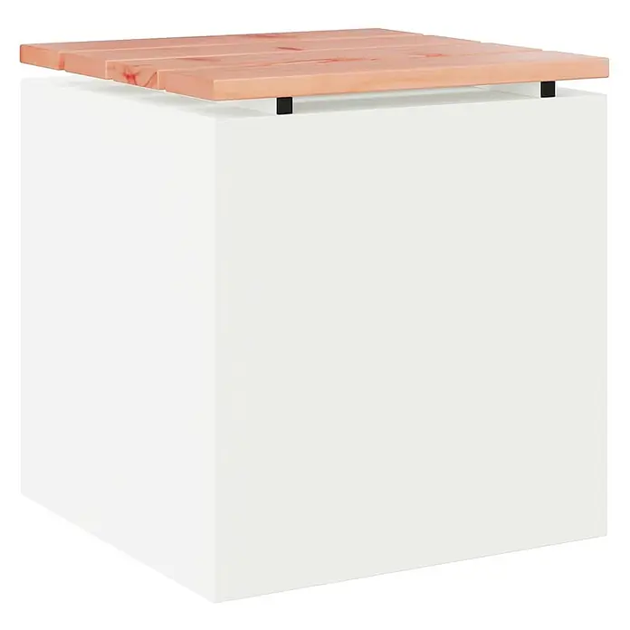 Furnicato Gartenbank Douglasienholz lackiert - B x T x H: 40 x 40 x 43 cm, Weiß - Weißer kubischer Sockel mit einer hellbraunen Holzlamellenplatte, auf schwarzen Metallstützen.