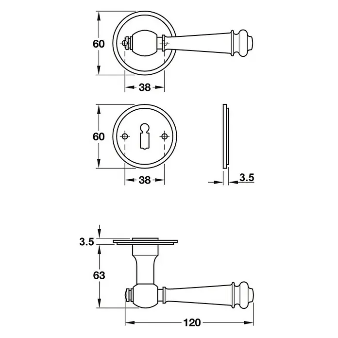 Scheitter Zimmertürgarnitur 184Z/284/285 - Stärke Tür: 40 mm - 45 mm, Stahl, Form Drücker: Gerade, Schwarz - Technische Zeichnung einer Türgarnitur mit Maßen. Die Türklinke ist detailliert dargestellt mit allen relevanten Abmessungen.