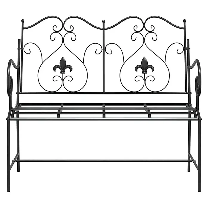 Furnicato Gartenbank Stahl - B x T x H: 54 x 104 x 93 cm, Schwarz - Schwarze Gartenbank aus Metall mit Zierranken und zwei Fleur-de-Lis-Emblemen an der Rückenlehne.