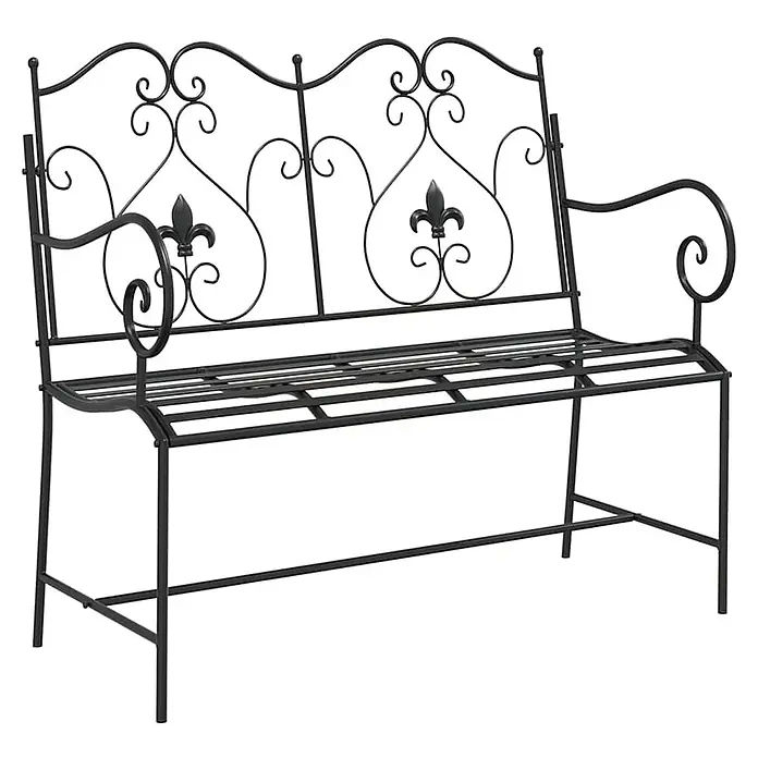Furnicato Gartenbank Stahl - B x T x H: 54 x 104 x 93 cm, Schwarz - Schwarze Metall-Gartenbank mit verschnörkeltem Rückenlehne und Fleur-de-lis-Akzenten.