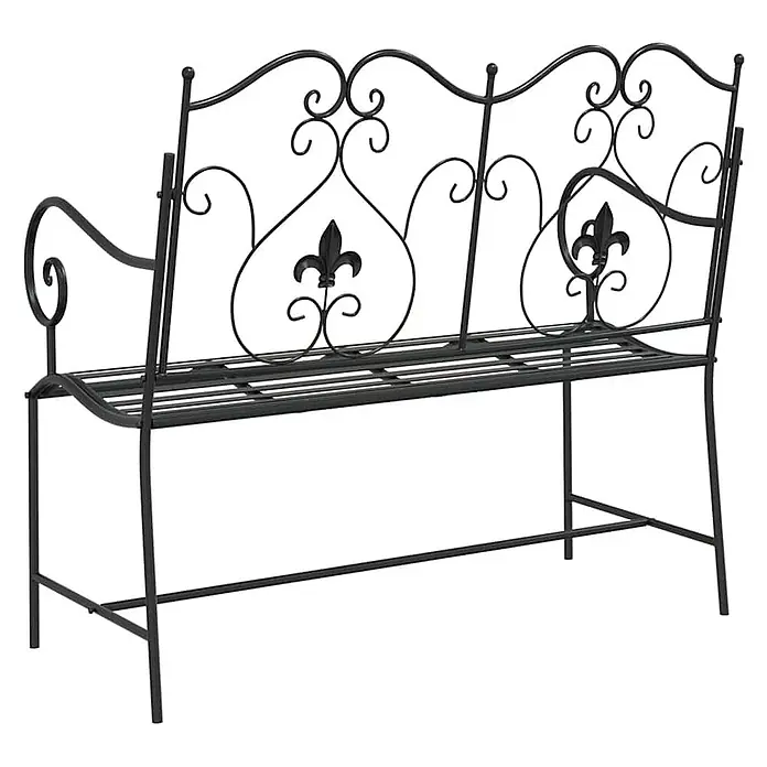 Furnicato Gartenbank Stahl - B x T x H: 54 x 104 x 93 cm, Schwarz - Schwarze schmiedeeiserne Gartenbank mit verschnörkeltem Rücken und Fleur-de-lis-Akzenten.