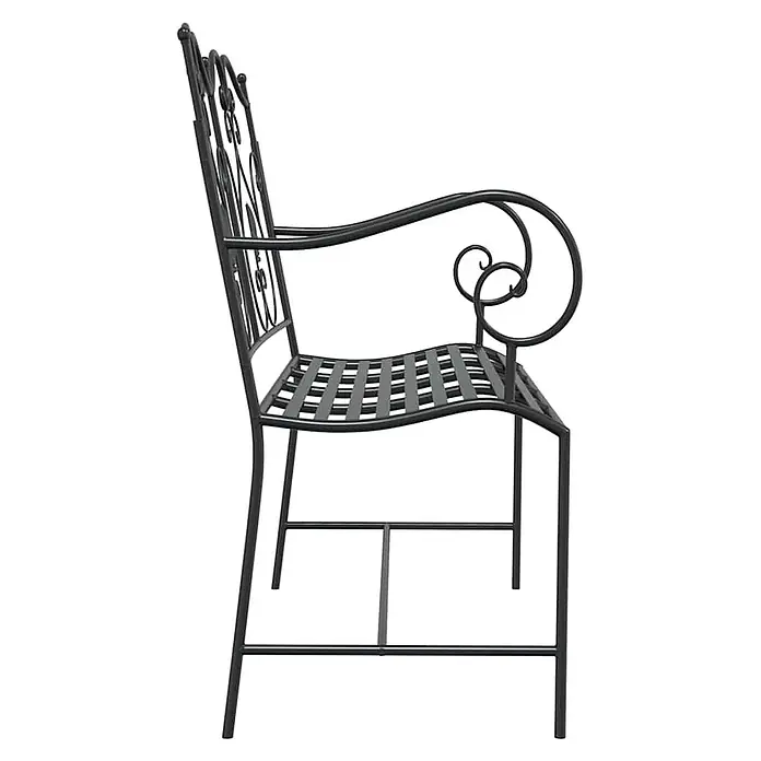 Furnicato Gartenbank Stahl - B x T x H: 54 x 104 x 93 cm, Schwarz - Schwarzer Metall-Gartenstuhl mit verschnörkelter Rückenlehne, Armlehnen und Lattenrostsitz.