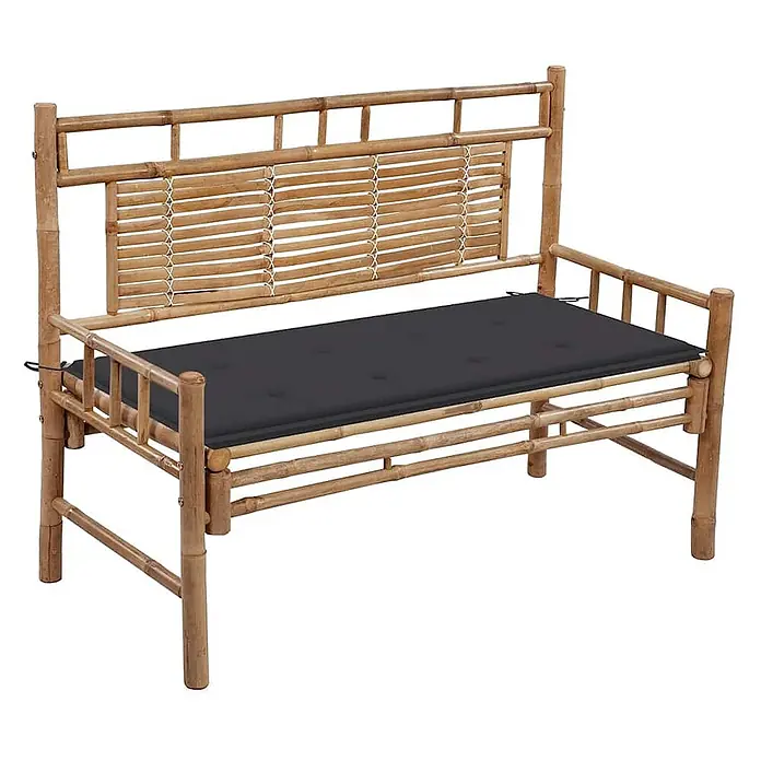Furnicato Gartenbank - B x T x H: 55 x 120 x 90 cm, Anthrazit - Bambusbank mit Lattenrückenlehne und Armlehnen, obenauf ein dunkelgraues Kissen.