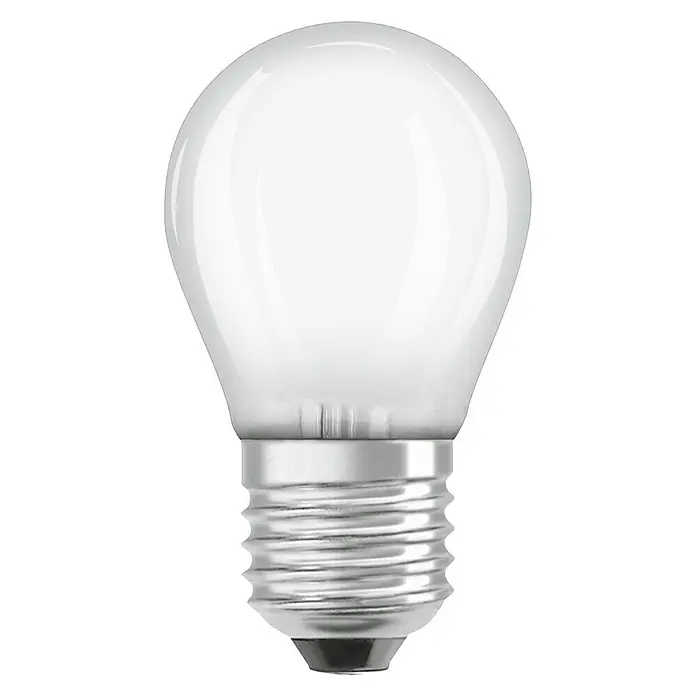 Osram Retrofit LED-Lampe Classic P - E27, Nicht Dimmbar, Warmweiß, 250 lm, 2,5 W - Nahaufnahme einer matten Glühbirne mit E27-Sockel. Sie ist ideal für dekorative Beleuchtung und schafft eine gemütliche Atmosphäre.