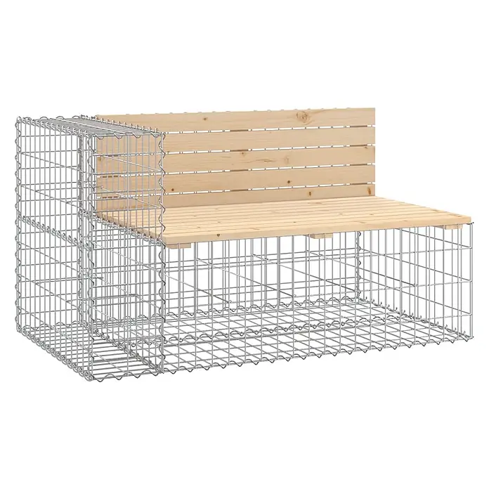 Furnicato Gartenbank Kiefernholz - B x T x H: 122 x 71 x 65,5 cm, Natürliche Kiefer - Gabionenbank mit heller Holz-Sitzfläche und Rückenlehne.