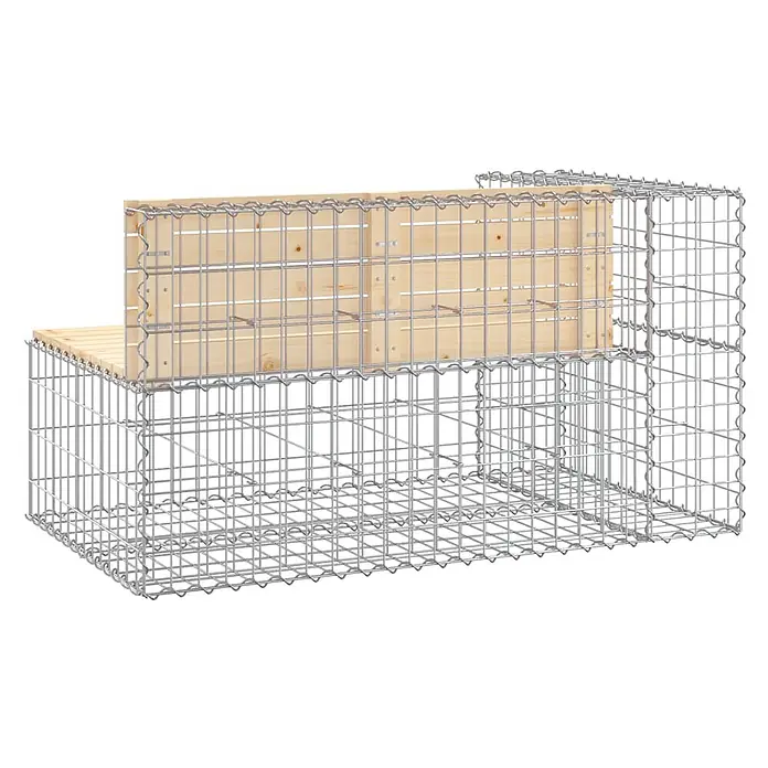 Furnicato Gartenbank Kiefernholz - B x T x H: 122 x 71 x 65,5 cm, Natürliche Kiefer - Gabionenbank mit heller Holzlatten-Sitzfläche und Rückenlehne auf einem L-förmigen silbernen Drahtgeflecht-Unterbau.
