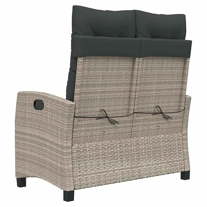 Furnicato Gartenbank - B x T x H: 66 x 90 x 93 cm, Hellgrau - Rücken- und Seitenansicht eines hellbraunen Gartensofas mit dunkelgrauen Kissen, mit Bändern gesichert.