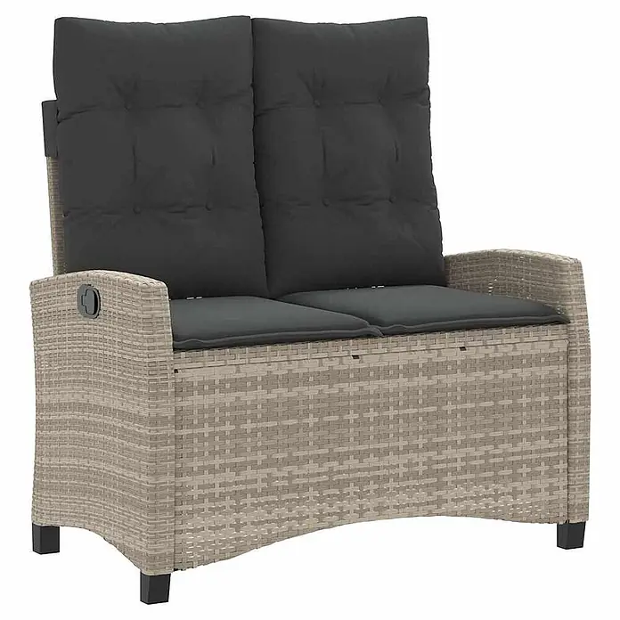 Furnicato Gartenbank - B x T x H: 66 x 90 x 93 cm, Hellgrau - Helles Rattan 2-Sitzer Gartensofa mit dunkelgrauen Kissen und Liegefunktion.